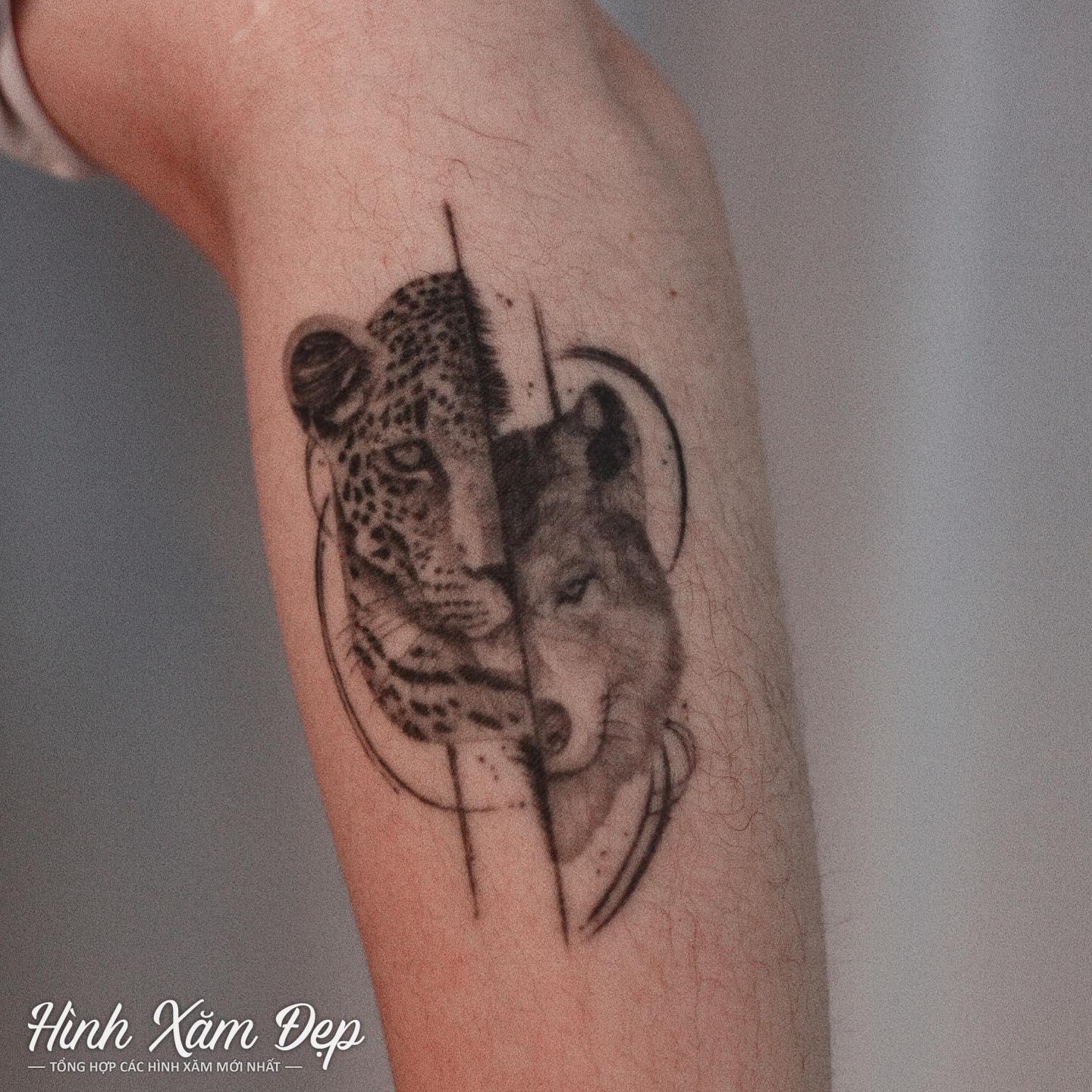 Hình xăm báo kết hợp sói cánh tay