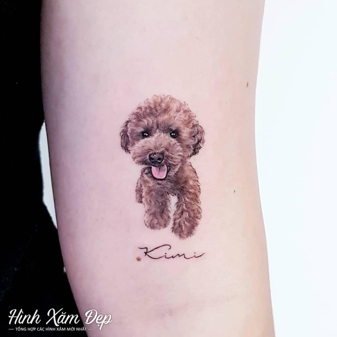 Hình xăm chú chó poodle bắp tay cho nữ