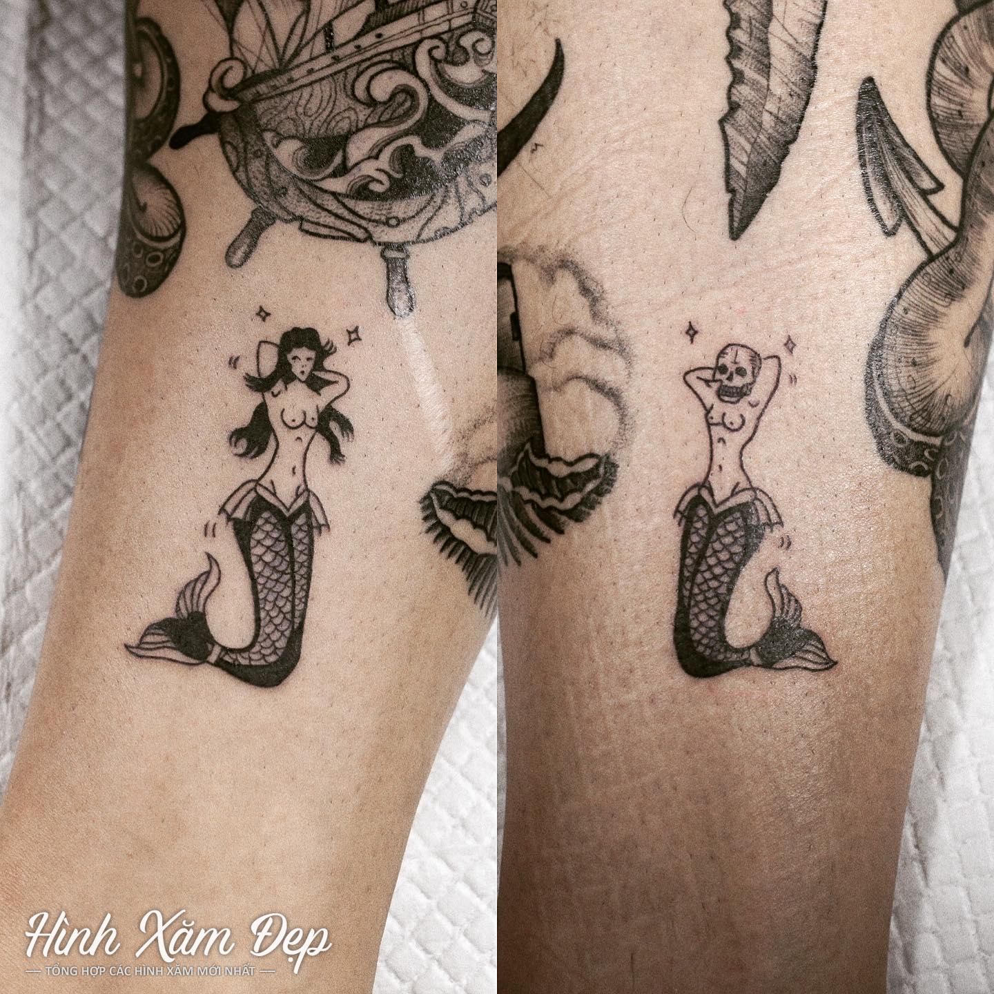 Hình xăm nàng tiên cá mini ở cánh tay