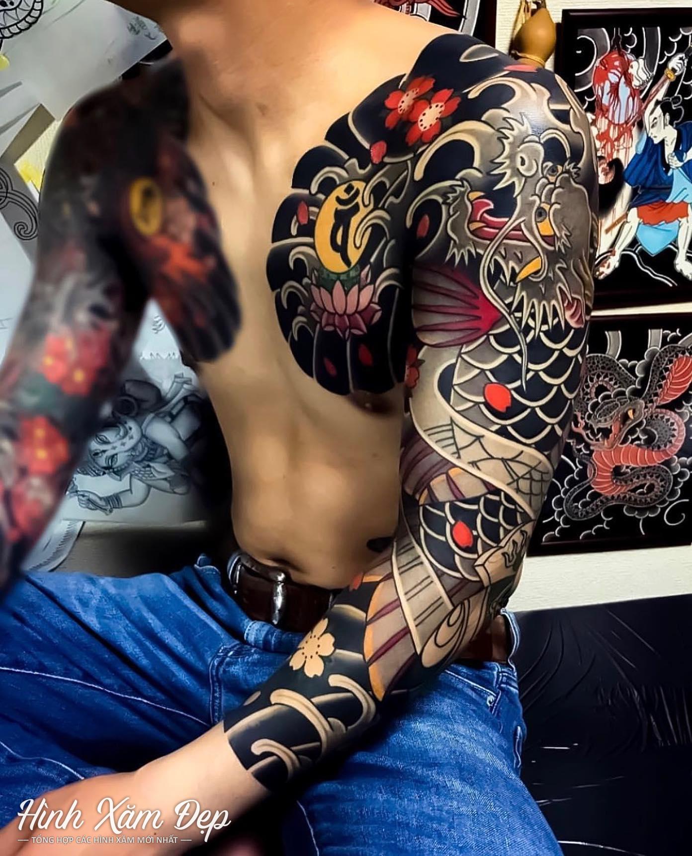 Hình xăm nhật cổ rồng full tay