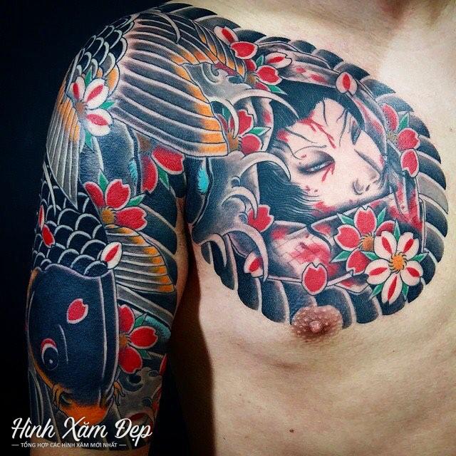 Hình xăm nhật cổ từ bắp tay sang ngực