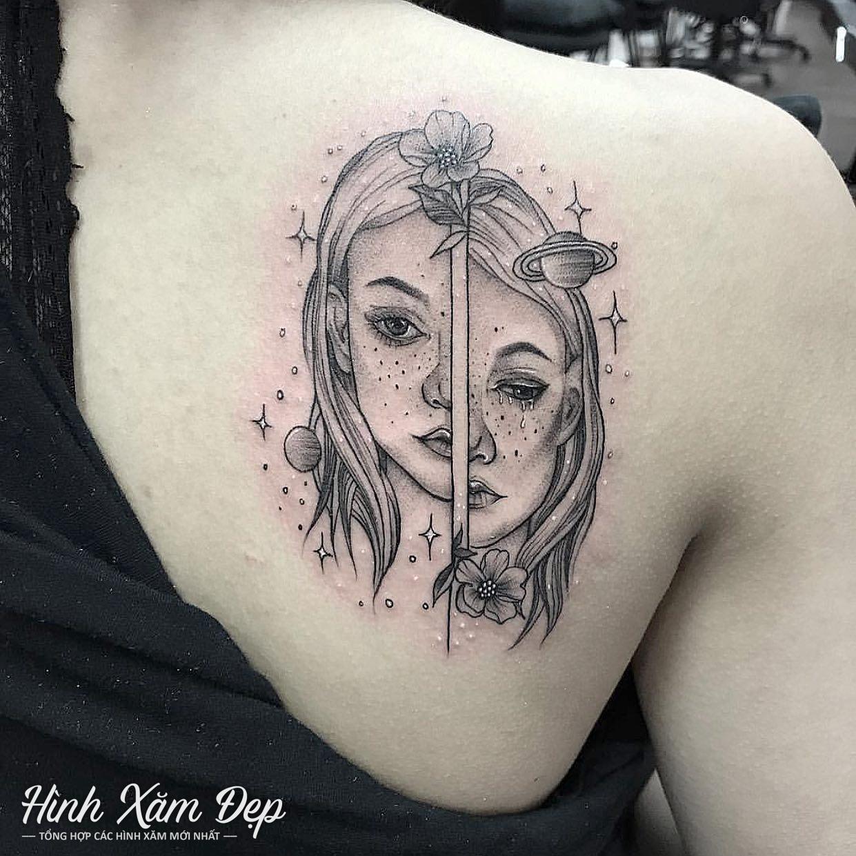 Hình xăm nửa mặt cô gái ở vai cho nữ
