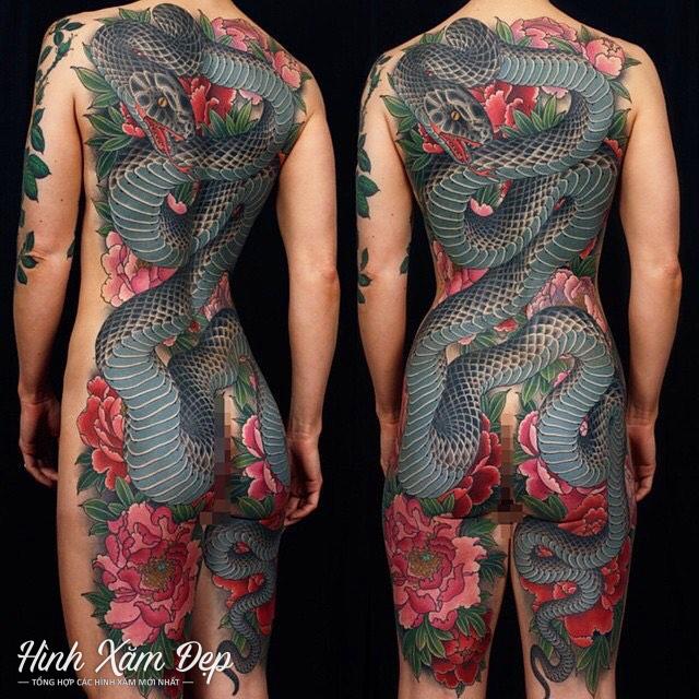 Hình xăm rắn kết hợp hoa hồng full lưng xuống chân