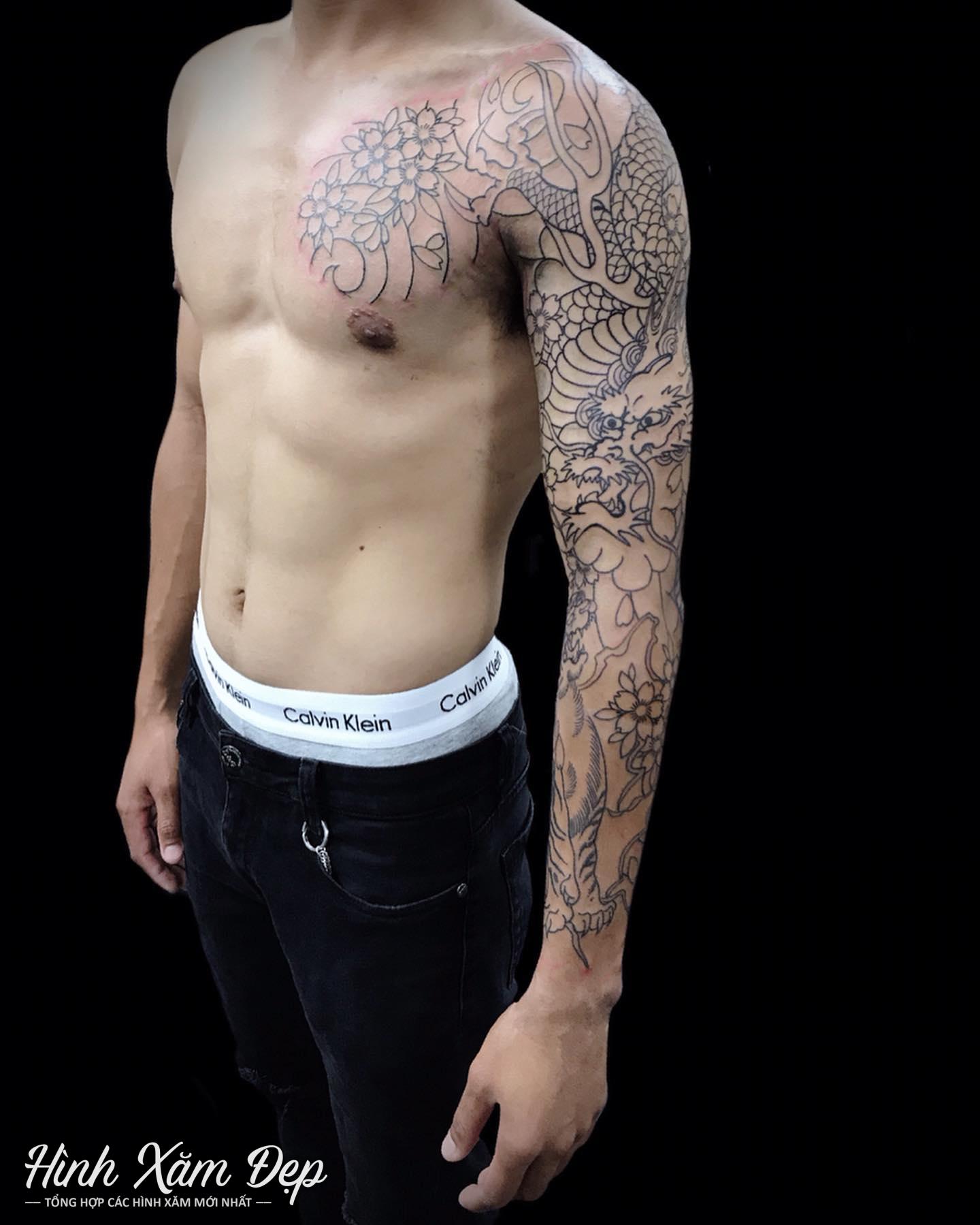Hình xăm rồng full tay sang ngực (2)
