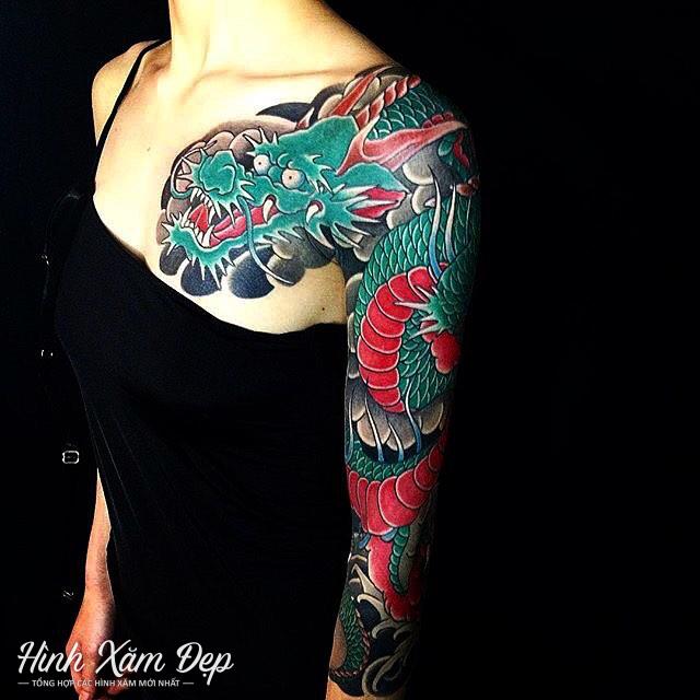 Hình xăm rồng full tay sang ngực